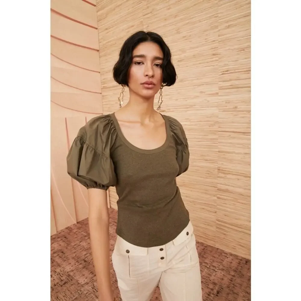 Ulla Johnson Womens M Olive Green Puff Sleeve Cotton Ribbed Top SS 2022